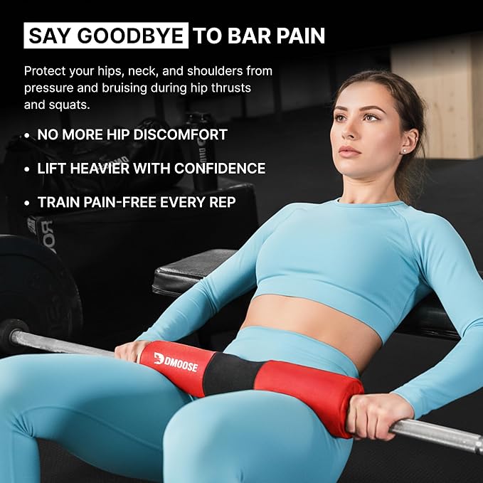 DMoose Fitness Barbell Pad for Hip Thrust, Squat & Lunges - Non-Slip Thick Foam Cushion for Neck and Back Support with Two Straps - Hip Thrust Pad for Leg Day - Fits All Olympic Bars and Smith Machine