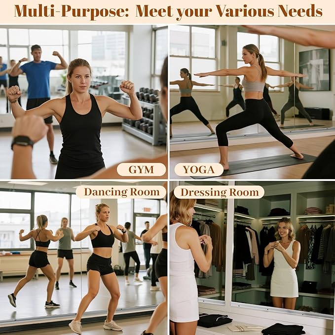 VooBang Home Gym Mirror 3 PCS 16"×56", Frameless Wall Mirror Full Length | Shatterproof Tempered Glass Large Body Mirror Hanging for Dancing Studio, Exercise, Fineness, Yoga
