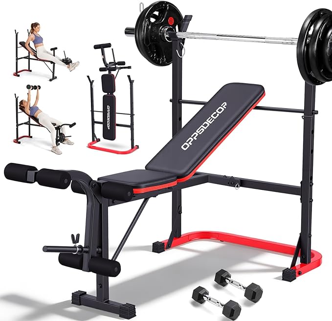 OPPSDECOR 661LBS Weight Bench Set, 8 in 1 Adjustable Bench Press with Squat Rack Leg Extension & Leg Curl Foldable Workout Bench with Safety Bar Catches Standard Weight Training Benches for Home Gym