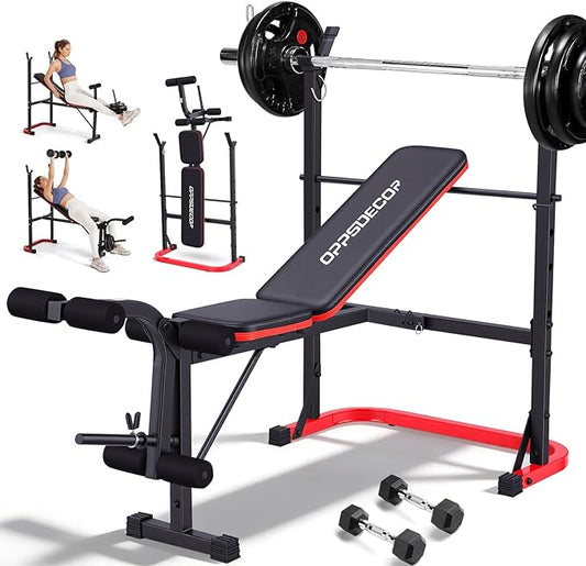 OPPSDECOR 661LBS Weight Bench Set, 8 in 1 Adjustable Bench Press with Squat Rack Leg Extension & Leg Curl Foldable Workout Bench with Safety Bar Catches Standard Weight Training Benches for Home Gym