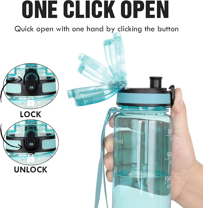 OLDLEY Water Bottle, 32oz Motivational Sports Water Bottle with Time Marker - Times to Drink - Tritan, BPA Free, Wide Mouth Leakproof,Surfer