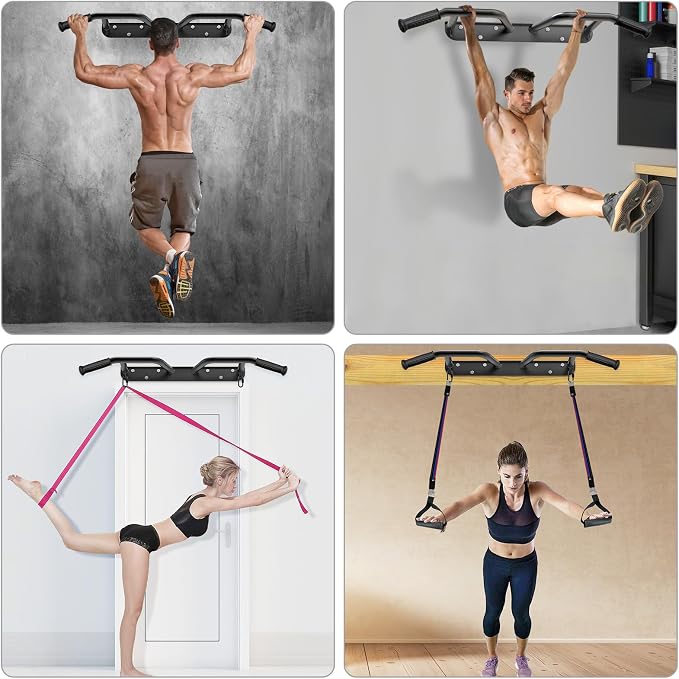 SELEWARE Heavy Duty Welded Pull Up Bar Wall/Joist/Ceiling Mount Chin Up Bar | Multifunctional Pull-up Bars w/Resistance Band Hooks for Home Gym Strength Training, Sturdy Steel Construction Support 500 lb