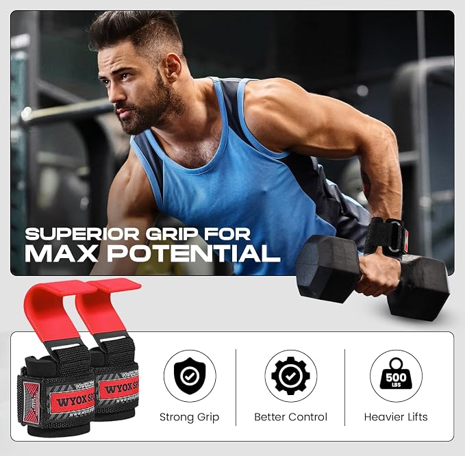 Weight Lifting Hooks for Men & Women – Heavy Duty Gym Hooks with 8mm Padded Wrist Support Grips to Lift Heavier, Reduce Grip Fatigue & Improve Performance for Deadlifts, Pull Ups & Rows, Pair of 2