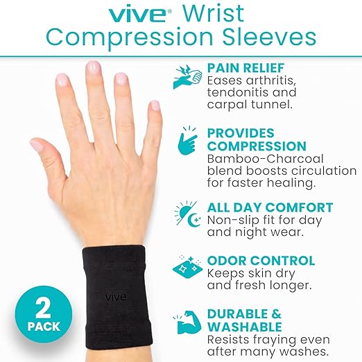 Vive Wrist Compression Sleeves for Women & Men (Pair) - Elastic Support | Wristband for Pain Relief & Circulation - Wrist Support for Carpal Tunnel, Arthritis, Tendonitis - Great for Sports Injury