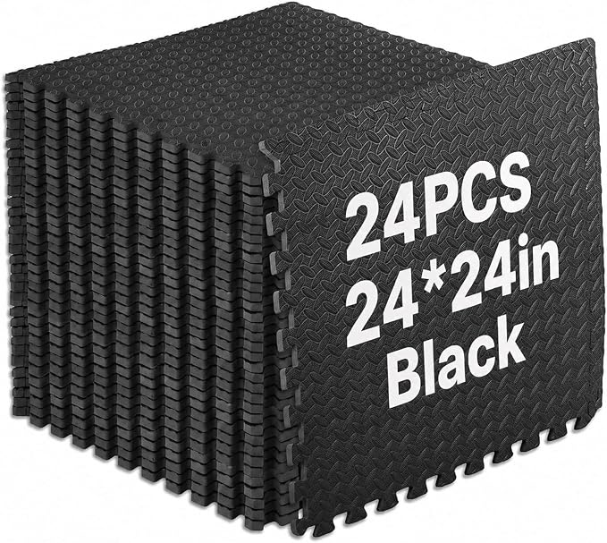 24 Pack Black EVA Gym Mats, Interlocking Exercise Floor Tiles | EVA Foam Floor Mats | Interlocking Gym Mats | Puzzle Exercise Mat Tiles