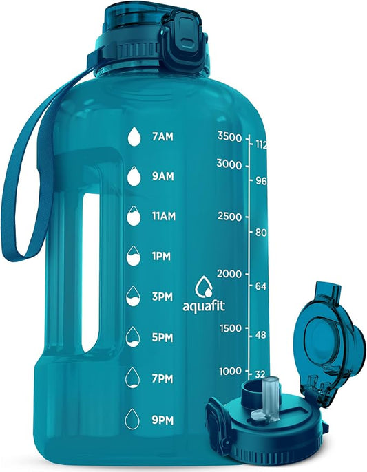 AQUAFIT Gallon Water Bottle with Time Marker, 2in1 Lid | BPA Free 128 oz Water Bottle with 2in1 Straw and Chug Lid - Leakproof Gym Water Bottle with Carry Handle (Aqua)