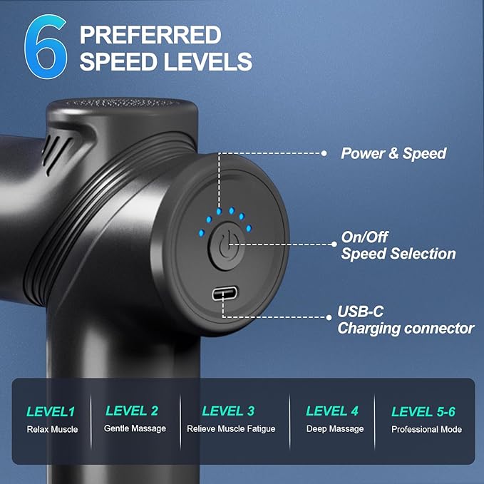 LEERCON Massage Gun Deep Tissue Mini Muscle Massager for Pain Relief, Black | Small Portable Handheld Massager Gun, Back and Neck Massager for Pain Relief, 6 Speed & 4 Heads, Birthday Gifts for Men Dad