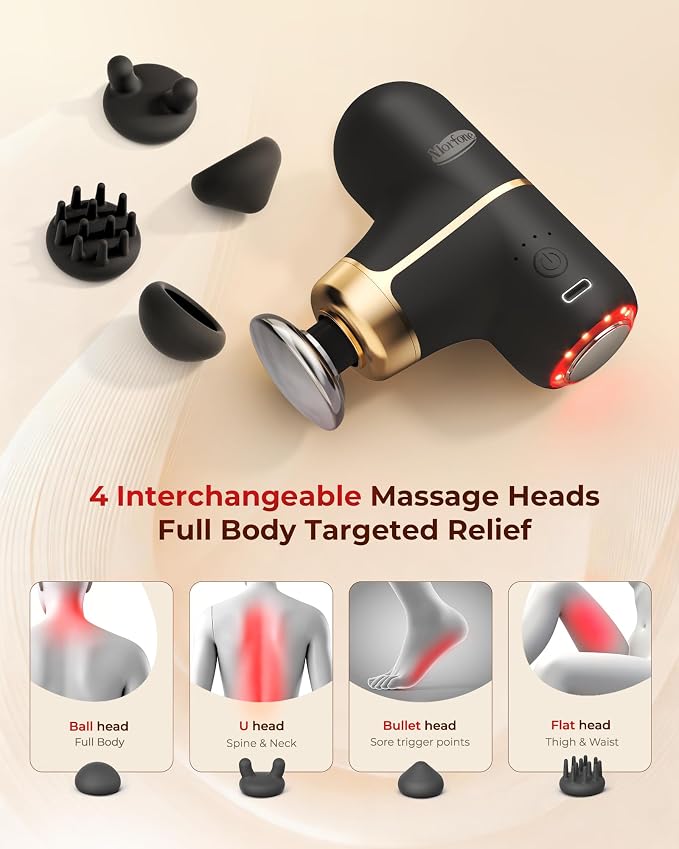 Super Mini Massage Gun with Heat & Red Light, 0.48 lb Travel Massage Gun | Palm-Sized Deep Tissues Percussion Muscle Massager 4 Heads 4 Speeds Compact Ultra-Quiet Type-C Charging for Home Office Black