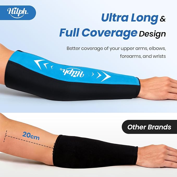 Hilph Full Arm Elbow Ice Pack Sleeve for Pitchers, Extended-Length Design | Reusable Hot Cold Compression Gel Ice Wrap for Tennis Elbow, Golfers Arm, Tendonitis, Carpal Tunnel, Sports Recovery, Medium