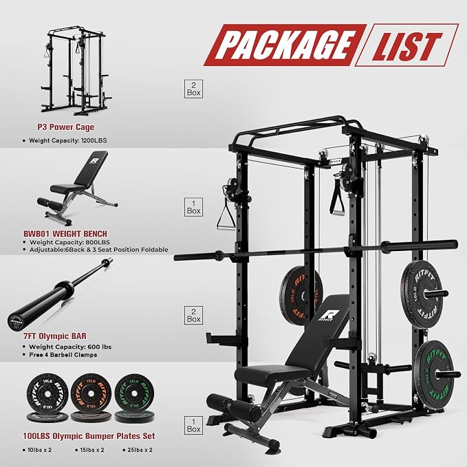 RitFit Power Cage Home Gym Package with Cable Crossover System | 1200LBS Power Rack, Weight Bench, Olympic Barbell & 230LBS Bumper Plates — All-in-One Home Gym