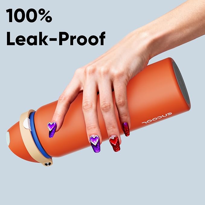 Insulated Water Bottle with Straw - Encool Stainless Steel Water Bottle with Push Button Lid, Leak-Proof & BPA-Free, Keeps Cold for 24 Hours for Sports, Travel, Gym (32 oz, Salmon)