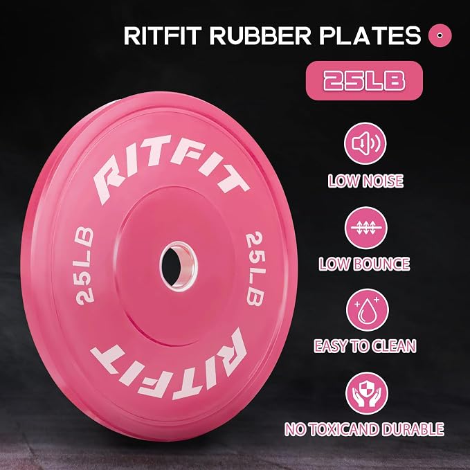 RITFIT Pink Olympic Bumper Plates with Steel Insert for Home Gym | High-Density Rubber with Low Bounce, 2-Inch Olympic Bore with Steel Insert, Pink Color for Strength Training
