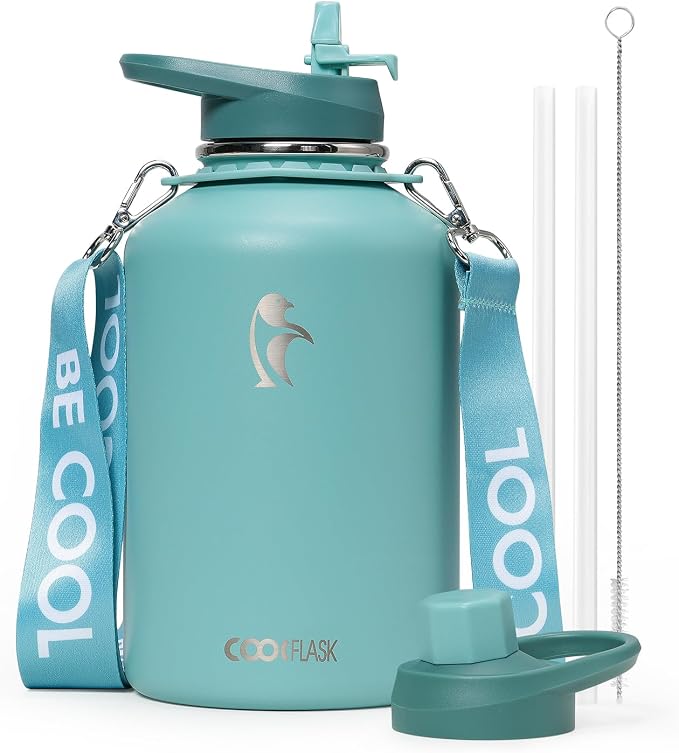 Coolflask Insulated Water Bottle 64 oz with Straw, Half Gallon Large Water Jug with Straw & Spout Lids, Vacuum Stainless Steel Metal Flask, Keep Cold 48h Hot 24h, Leak Proof & Non-BPA, Agate Green | 64 oz Large Water Jug with Straw & Spout Lids,Triple-...
