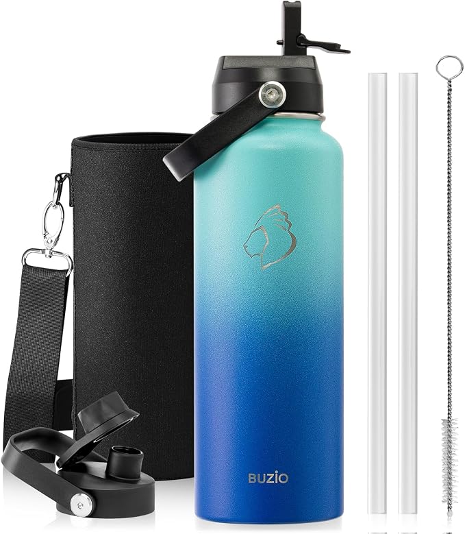 BUZIO Triple Wall Vacuum Water Bottle with Dust-proof Straw & Spout Lids | 40 oz Insulated Stainless Steel Water Flask (Cold for 48 Hrs/Hot for 24 Hrs), Dishwasher Safe, Leakproof, Non-BPA, for Hiking