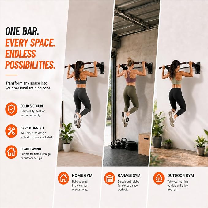 Wall Mounted Pull Up Bar, 500 LBS Heavy Duty Chin Up Bar for Home Gym | 500 LB Steel Frame Zero Wobble Triangle Multi-Grip Foam Handles Suspension Anchor Ready Garage Basement Install