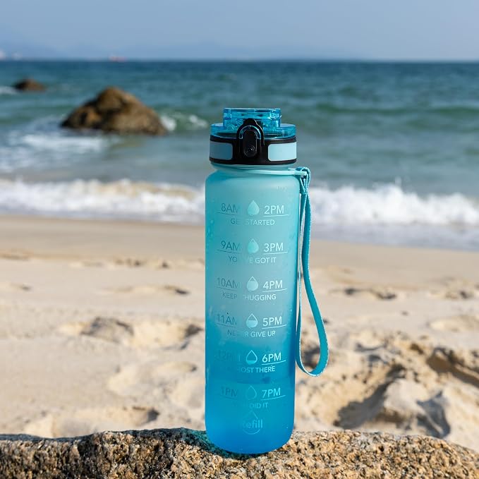 OLDLEY Water Bottle, 32oz Motivational Sports Water Bottle with Time Marker - Times to Drink - Tritan, BPA Free, Wide Mouth Leakproof,Luca