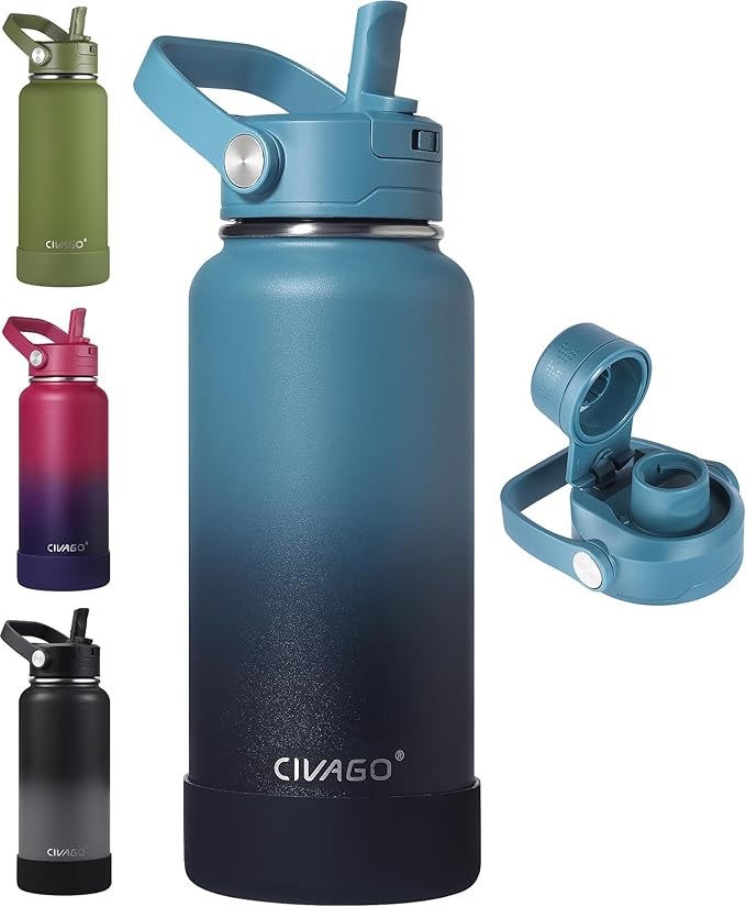 CIVAGO 32 oz Insulated Stainless Steel Water Bottle with Removable Straw | Large Leakproof Metal Water Jug, Sports Thermal Flask Cup with Bucket Handle, Silicone Boot, Dishwasher Safe,Indigo Black