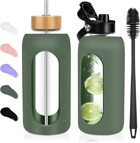 FULBEVY Glass Water Bottles 64 oz - Half Gallon Large Motivational Daily Water Intake Bottle Time Marker - Glass Water Bottle With Straw, Silicone Sleeve 2 Lids, Handle Spout & Bamboo Lid(Olive)