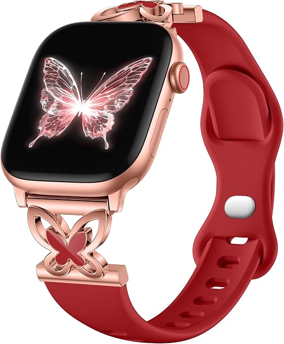 Lerobo Slim Silicone Band Compatible with Apple Watch Bands for Women | Dressy Metal Butterfly 16mm Thin Strap for iWatch Series 11 10 9 8 7 6 5 4 SE Ultra 38mm 40mm 41mm 42mm 44mm 45mm 46mm 49mm
