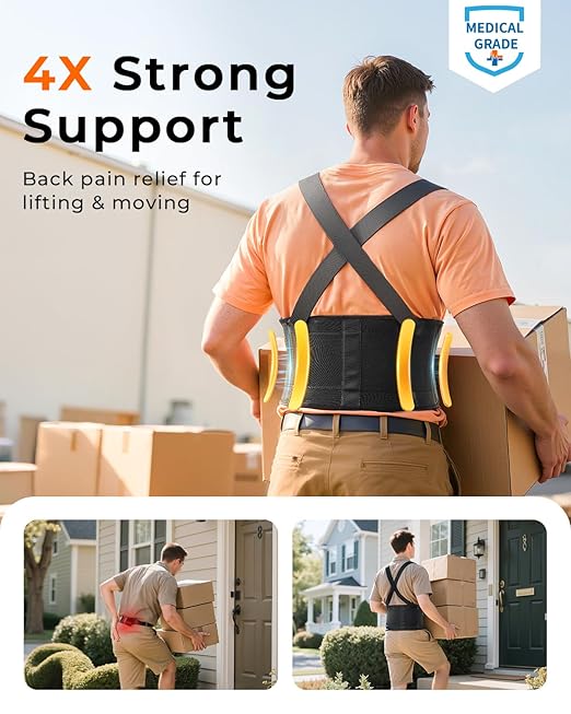 Medical-Grade Work Back Brace with Adjustable Shoulder Straps [Stronger Support & Breathable Mesh] Lower Back Support Belt for Men Women - Pain Relief for Lifting, Warehouse, Construction & Moving