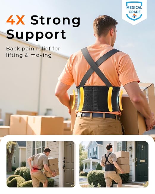 Medical-Grade Work Back Brace with Adjustable Shoulder Straps [Stronger Support & Breathable Mesh] Lower Back Support Belt for Men Women - Pain Relief for Lifting, Warehouse, Construction & Moving
