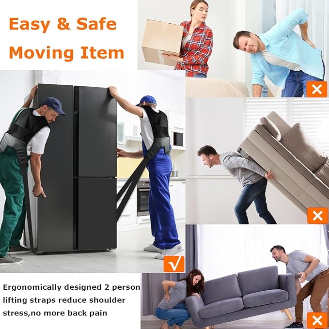 Furniture Moving Straps with Chest Buckle, 2-Person Lifting and Moving System, Adjustable Carrying Moving Shoulder Strap for Furniture, Appliances, Mattresses Heavy Objects up to 1000lbs