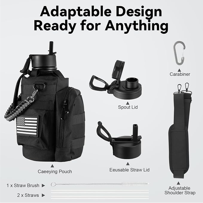 KXIAOCHEN Insulated Water Bottle with Strap, 48-Hour Cold, 2 Lids | Triple-wall insulation, lead-free 18/8 Stainless steel, paracord handle, carabiner clip, for gym, hiking, camping and travel
