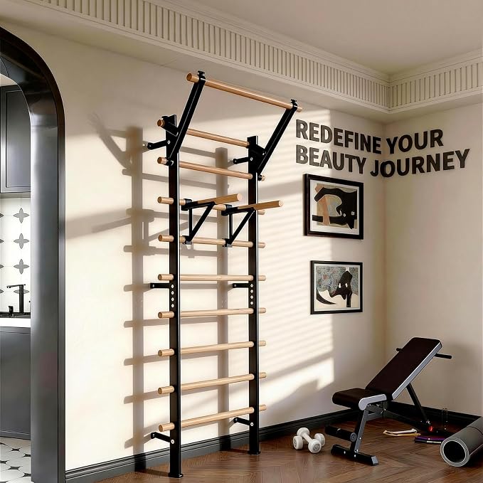 GMWD Swedish Ladder, Stall Bar, Suspension Trainer with Pull-Up Bar and Dip Bar Attachments, Wooden Stall Bar with 9 Strategic Rods for Core Strengthening and Stretching Balanced for Body Exercises
