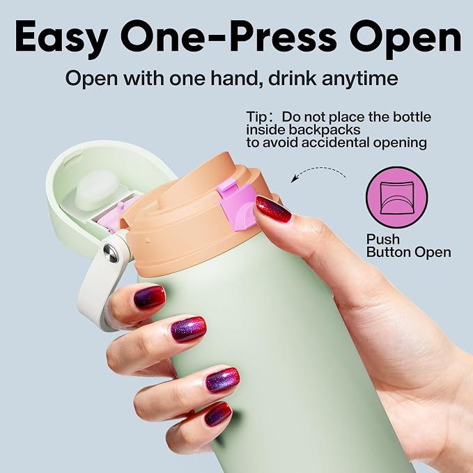 Insulated Water Bottle with Straw - Encool Stainless Steel Water Bottle with Push Button Lid, Leak-Proof & BPA-Free, Keeps Cold for 24 Hours for Sports, Travel, Gym (40 oz, Geyser Green)