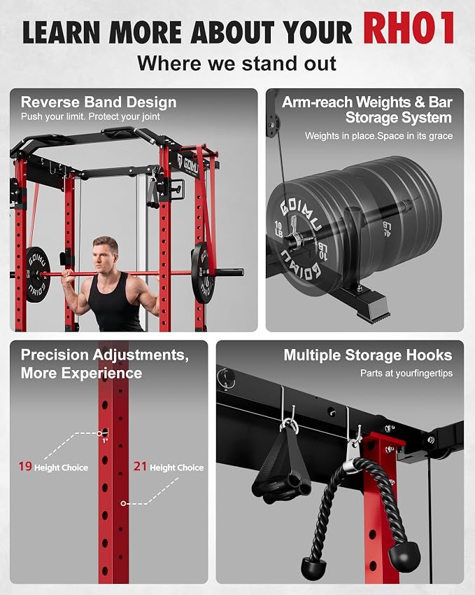 RH01 Power Cage Rack, 2000LBS Squat Rack with with Cable Crossover System&LAT Pull Down System, Multi-Function Workout Cage for Home&Garage Gym