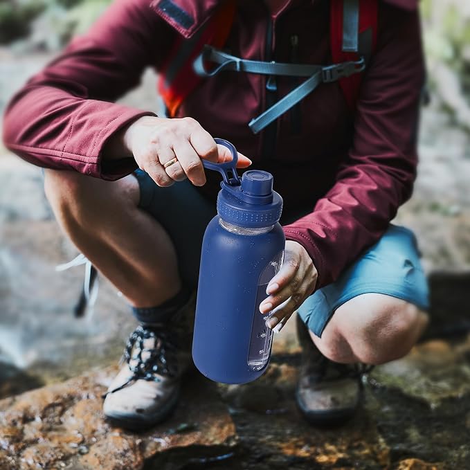 EALGRO 64 oz Glass Water Bottle with Straw, Large Half Gallon Water Jug | Sports Motivational Water Bottle with Time Marker and Silicone Sleeve, Flask Cup with Handle for Travel, Gym, School, Navy
