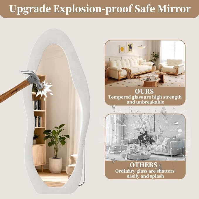 Full Length Mirror, 71"x30" Flannel Floor Mirrors with Stand | Flannel Floor Mirrors with Stand, Irregular Wavy Mirror Hanging or Leaning Against Wall for Bedroom Living Room, White