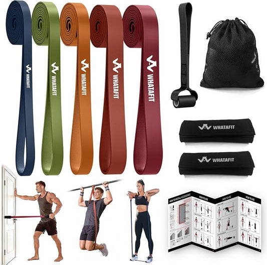 WHATAFIT Resistance Bands, Pull Up Assist Bands with Handles, Door Anchor | Natural Latex Rubber, Progressive Tension, Exercise Loop for Full-Body Fitness, Portable Gym Bag, Warm-Up & Stretch