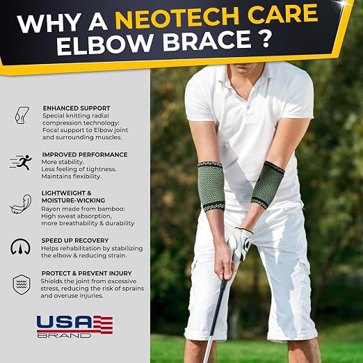 NeoTech Care Elbow Support Brace - Breathable - Men, Women, Right or Left (Green Color, Size S, 1 Pair)