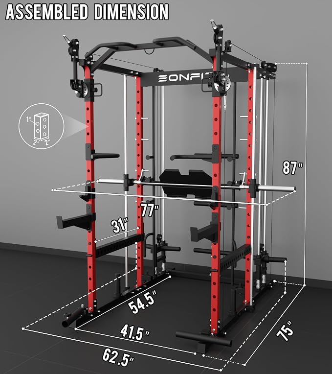 Eonfit E5 Smith Machine with Leg Press for Home Gym | Functional Trainer Power Rack Power Cage With Pivot Arms Lat Cable Crossover Pulley System All In One For Garage Apartment