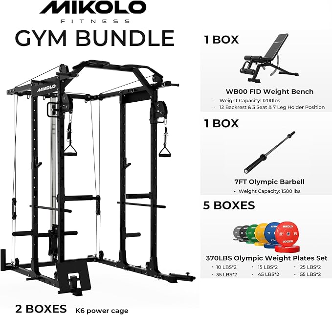 Mikolo Power Cage, Power Rack with Cable Crossover System, 1500LBS Squat Rack with LAT Pull Down System, Workout Cage with Pulley System for Fitness Home Gym