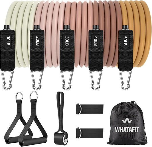 WHATAFIT Resistance Bands with Handles, 5-Level Exercise Bands for Workout | Natural latex,10-50 lbs, stackable to 150,Ankle Straps, Door Anchor,Guide. For Strength, Yoga,Home Gym,Travel & Workout.