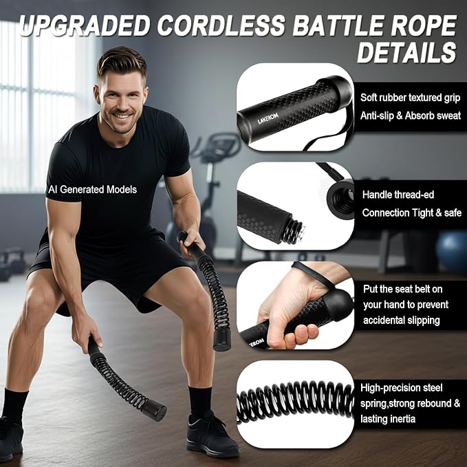 Ropeless Battle Ropes (2-in-1) Elatic Fitness Bar,Cordless Battle Ropes Sticks with Exercise Guide,Portable Home Gym Equipment for HIIT,Strength Low-Impact Workouts for Men & Women Grey