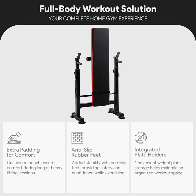 BalanceFrom Steel Weight Bench w/ Squat Rack in Multiple Colors, 400 lb User Capacity - Foldable Home Gym Equipment for Range of Workouts w/ 6-Position Barbell Holder & Adjustable Seat and Recliner