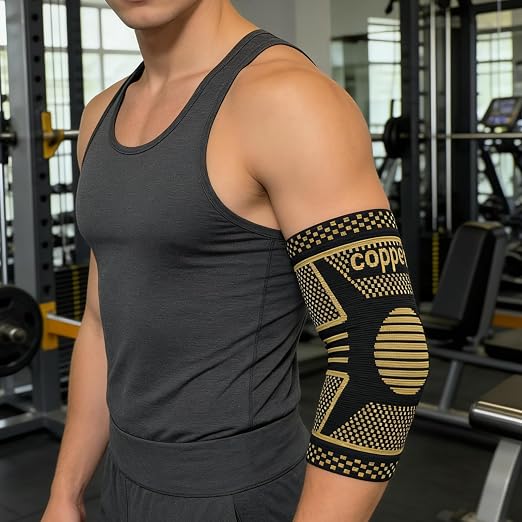 Copper Elbow Compression Sleeve, Tennis Elbow Brace for Men and Women, 4-Way Stretch, Pain Relief, Recovery, Arthritis, Tendonitis, Bursitis (Black-Copper, Medium)