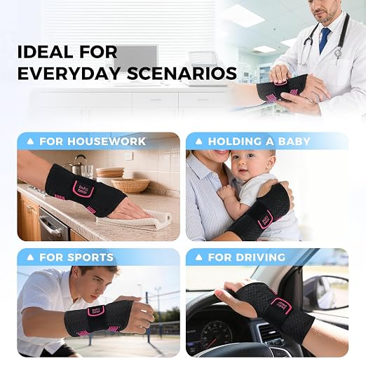 Carpal Tunnel Wrist Brace with Removable Splints, Breathable Wrist Support for Men & Women, Night & Work Support, Pain Relief, Tendonitis, Sprain, Rigid Hand Brace for Arthritis, Left Hand (S/M, Black/Pink)