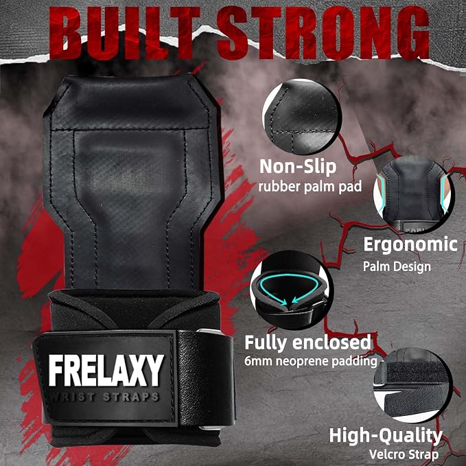 Frelaxy Lifting Wrist Straps, Rubber Weight Lifting Grips for Deadlifts | Non-slip rubber palm, Full palm protection, Neoprene wrist padding, Enhanced grip support, Pull ups rows lat pulldowns