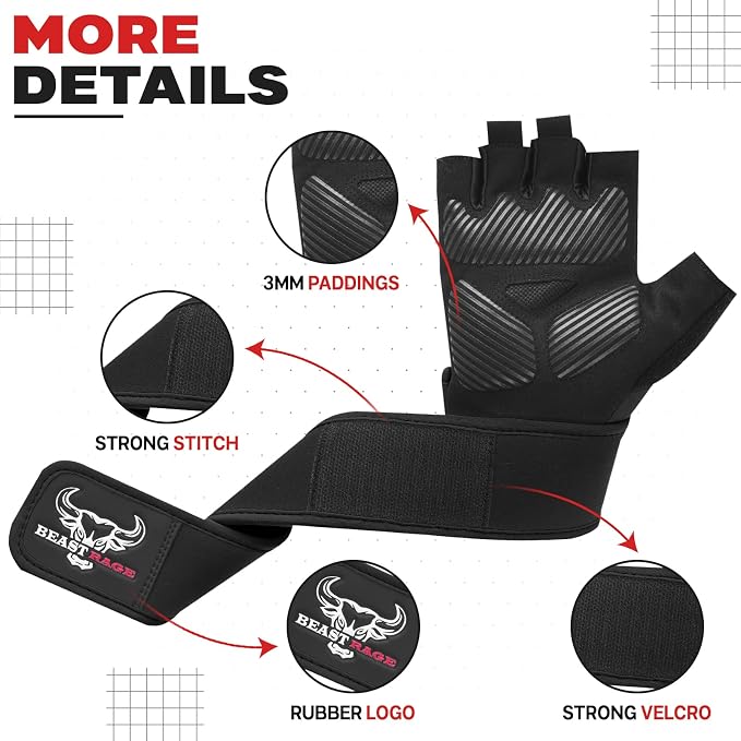 Padded Workout Gloves for Men, Long Wrist Straps Stabilize Adult Grip Weight Lifting Gloves with Powerlifting Support Gym, Exercise and Extra Pull ups Sturdy Palm