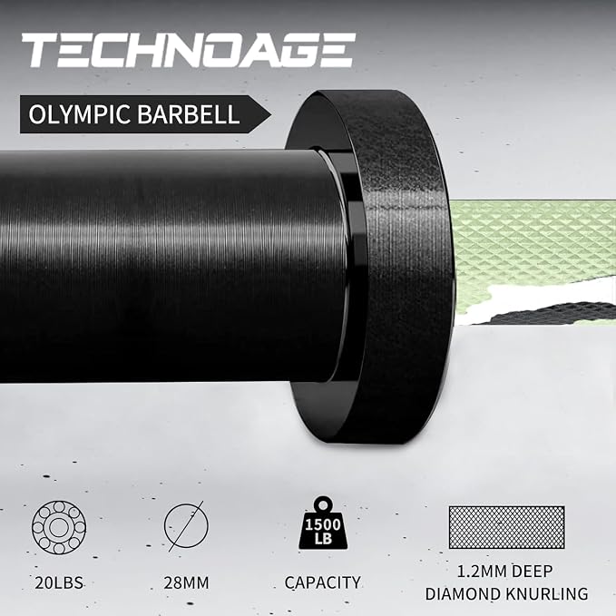 TECHNOAGE 7FT Heat-Treated Alloy Steel Olympic Barbell, 1500LB | 45LB bar with 28mm knurled grip, needle bearings, hard chrome finish, and 2-inch plate fit