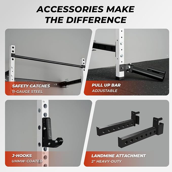 Mikolo 2" x 2" Folding Wall Mounted Squat Rack, 1000 Pounds Capacity Power Rack with Pull Up Bar, J Hooks and Other Attachments, Space-Saving Home Gym