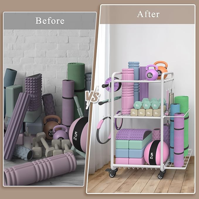 Multi-Functional Home Gym Storage Rack with Wheels and Hooks | Gym Equipment Storage for Dumbbells Kettlebells Yoga Mat, All-in-One, Space Saving, Easy to Assemble
