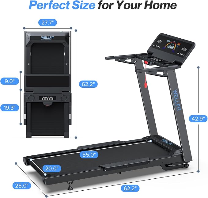 WELLFIT Auto Incline Treadmill, 15% Incline Heavy Duty Treadmill for Home | 4.5HP, 10 MPH, 500 lbs Capacity, 20'' x 55'' Running Area Treadmills with Pulse Sensor, Bluetooth Player & LED Display