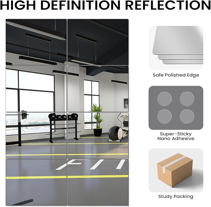 VASUHOME Large Mirror Tiles 16"x12" (8 Pack), Full Length Wall Mirrors for Home Gym, Garage, Bedroom, Living Room, Door – HD Reflection, Easy DIY Installation
