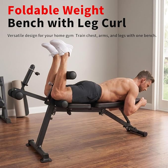 K KiNGKANG Foldable Weight Bench with Leg Curl, 1200 LBS Heavy Duty Workout Bench, 4-Level Adjustable Distance for All Heights, Multi-Position Incline Decline Exercise Bench with Dumbbell Rack for Home Gym