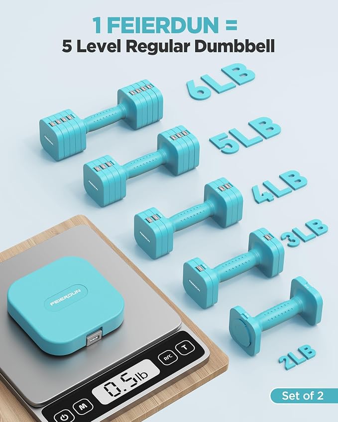 FEIERDUN DB3 5-in-1 Adjustable Dumbbell Set, 6LB/10LB Pair Adjustable Weights for Women at Home, Dual Locking Stable Hand Weights with TPU Soft Handle, Home Gym, Rehab, Pilates, Yoga, Strength Training